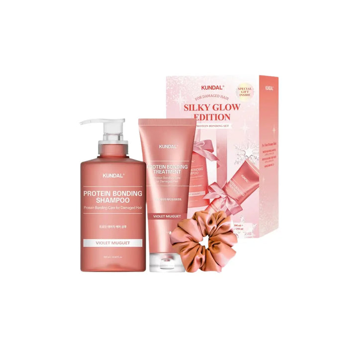 KUNDAL Holiday Silk Glow Edition Protein Bonding Care Shampoo 500ml + Treatment 250ml + Hair Scrunchie