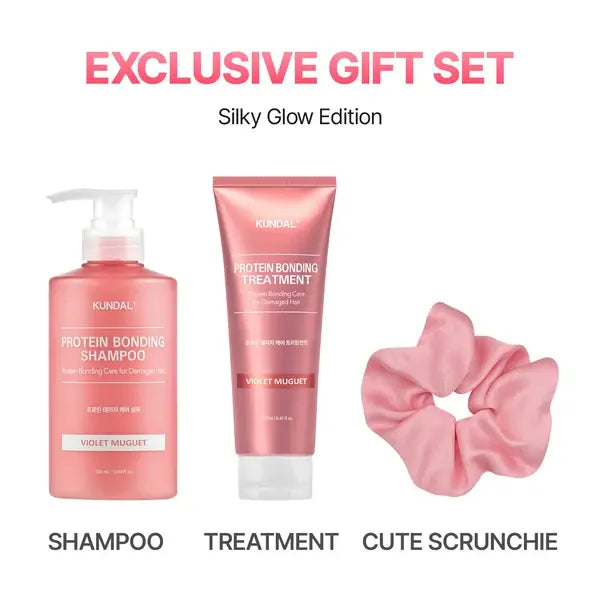 KUNDAL Holiday Silk Glow Edition Protein Bonding Care Shampoo 500ml + Treatment 250ml + Hair Scrunchie