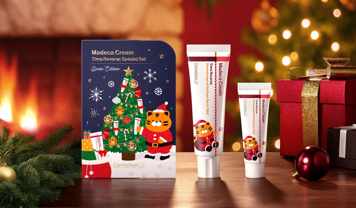 CENTELLIAN24 Madeca Cream Time Reverse Set Santa Edition by the fireplace with gift boxes