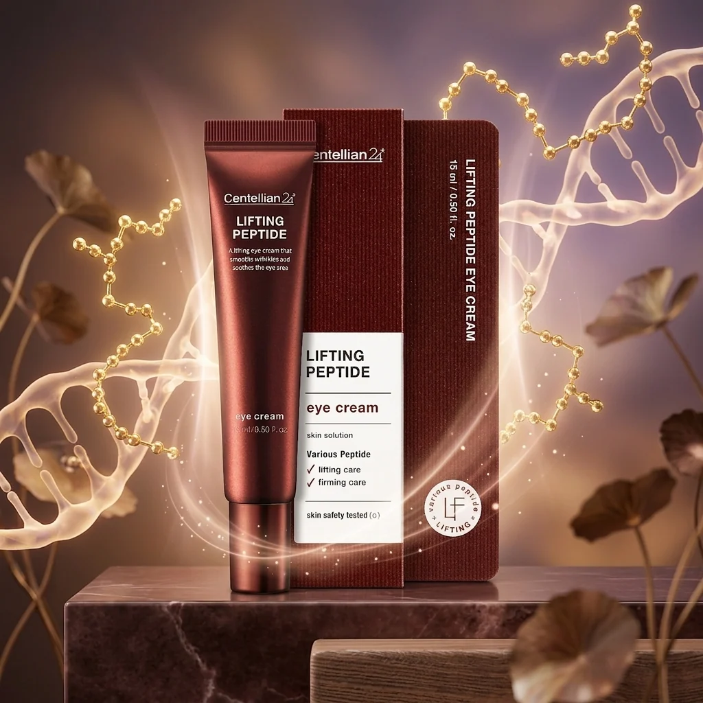 CENTELLIAN24 Lifting Peptide Eye Cream tube and box with golden peptide chains